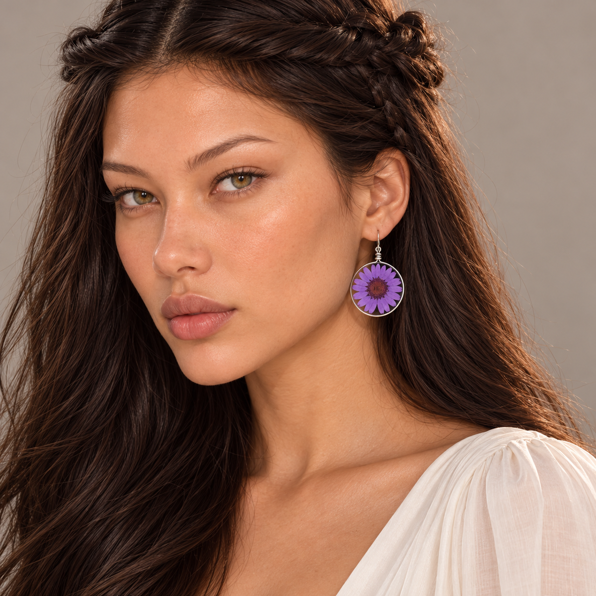 Solène wearing Purple Wild Daisy Earrings with sterling silver hooks