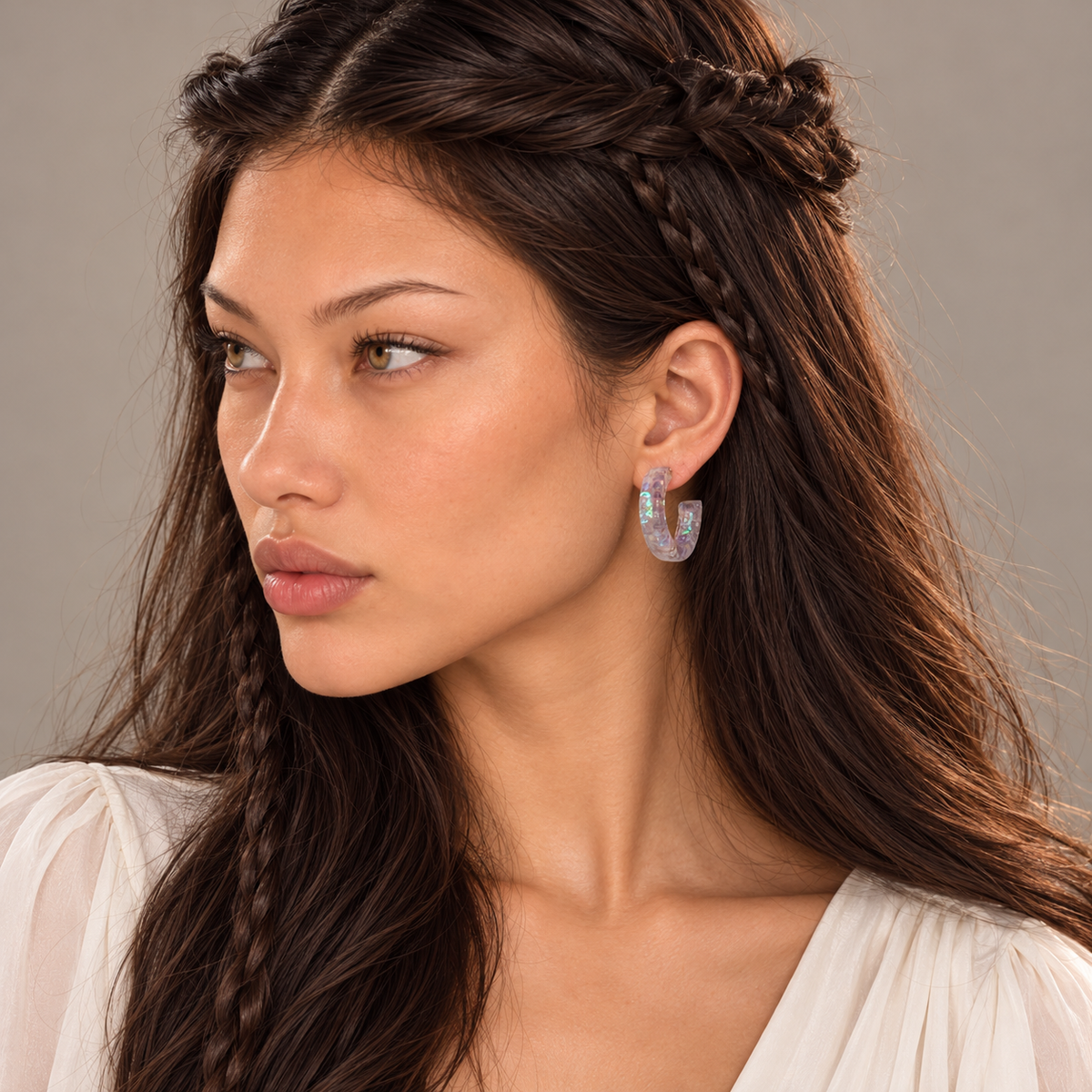 Solène wearing Small Amethyst Galaxy Hoops