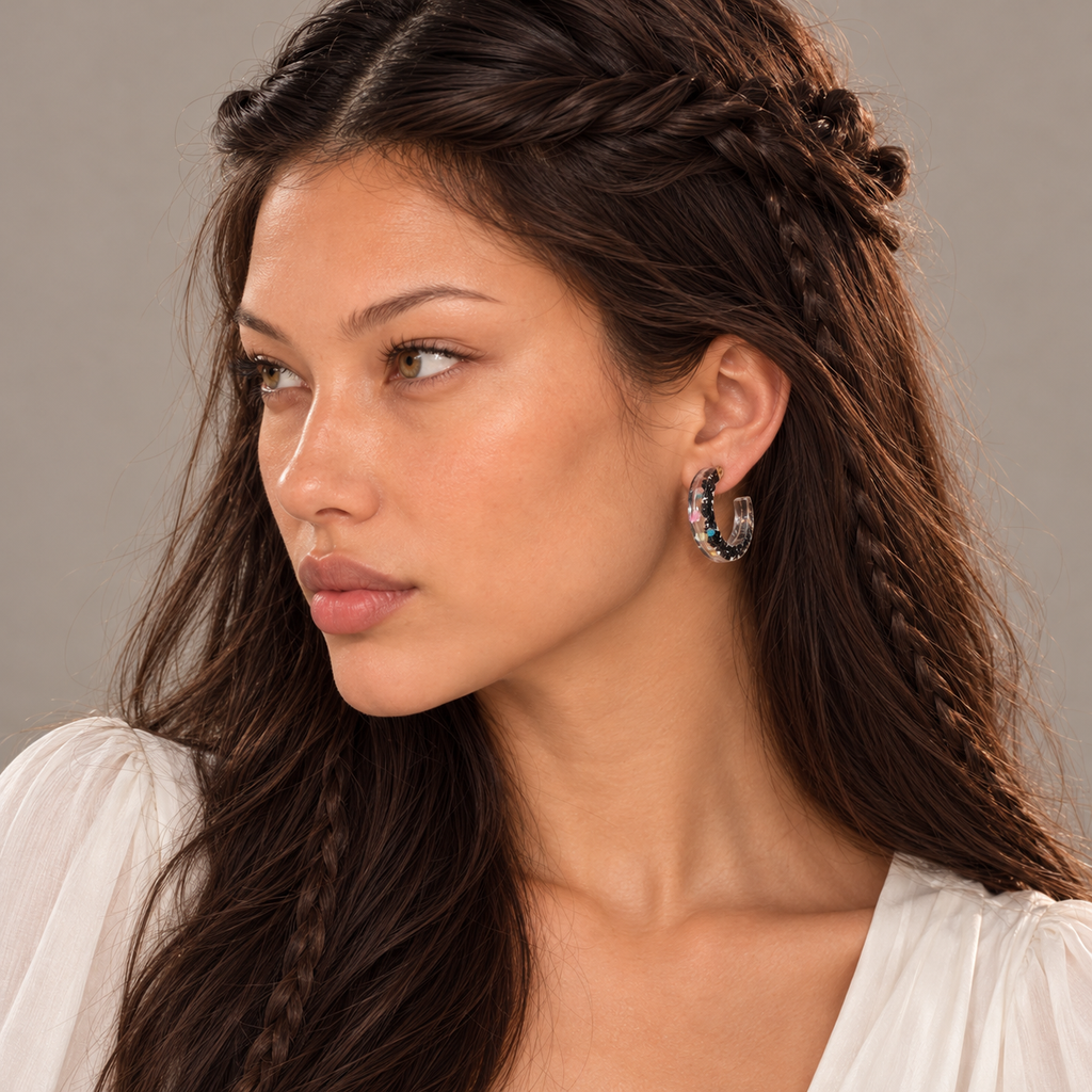 Solène wearing Small Rainbow Black Tourmaline Galaxy Hoops