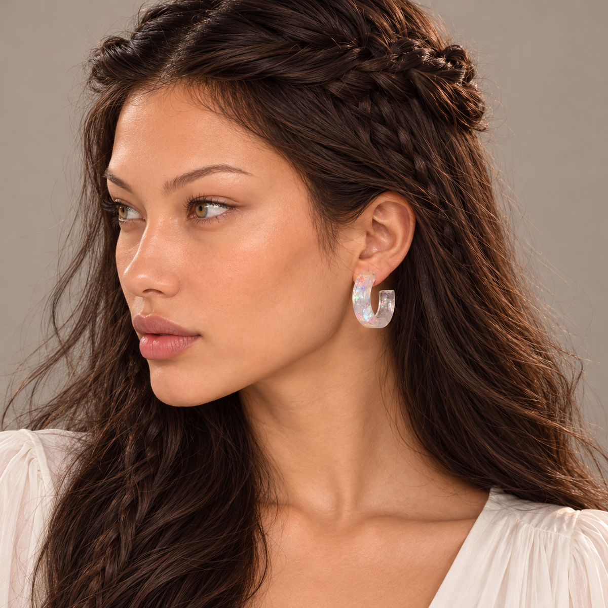 Solène wearing Small Rose Quartz Galaxy Hoops