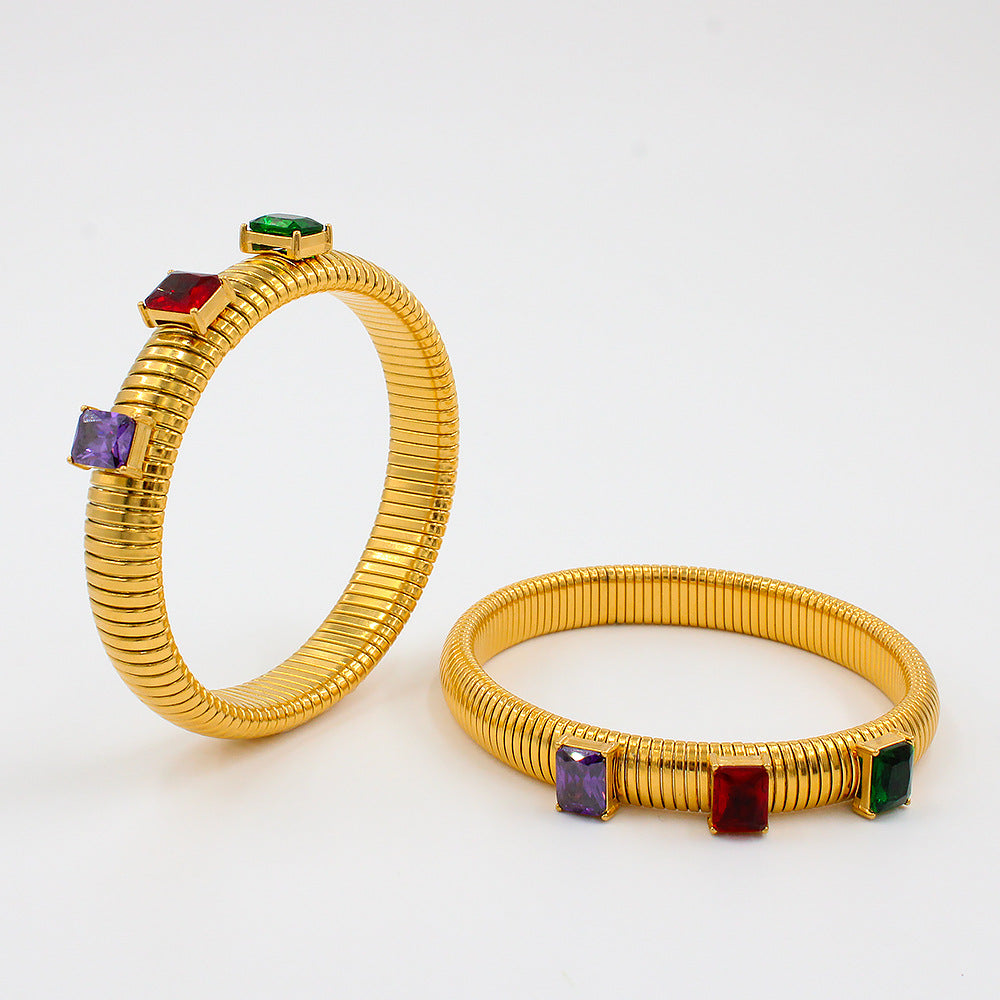 Gold Purple, Red & Green Crystal Bangle