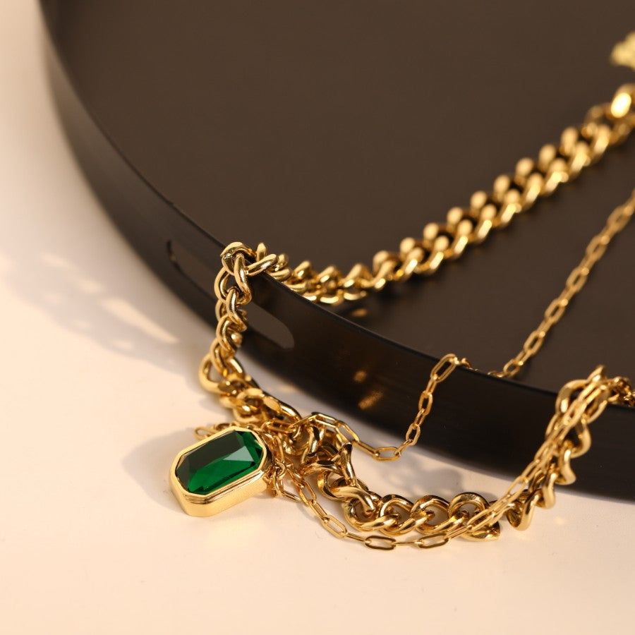 Emerald Gold Titanium Double Layered Modern Necklace