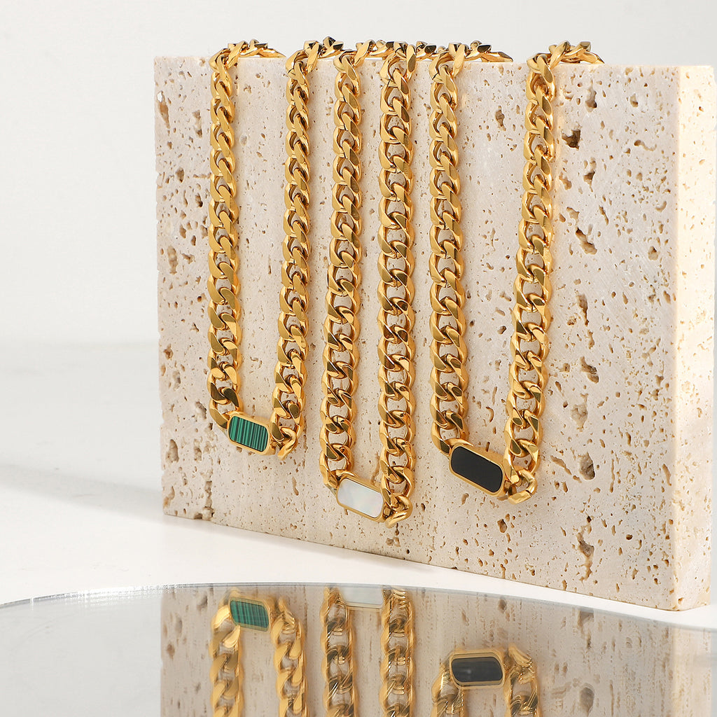 Malachite, White and Black Shell 18K Gold Necklaces