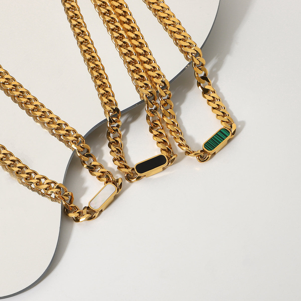 Malachite, White and Black Shell 18K Gold Necklaces