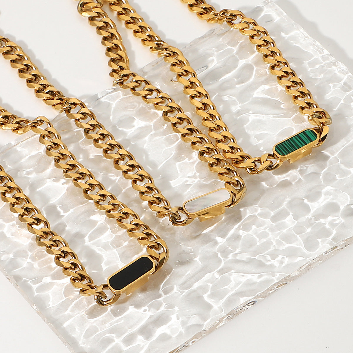 Malachite, White and Black Shell 18K Gold Necklaces