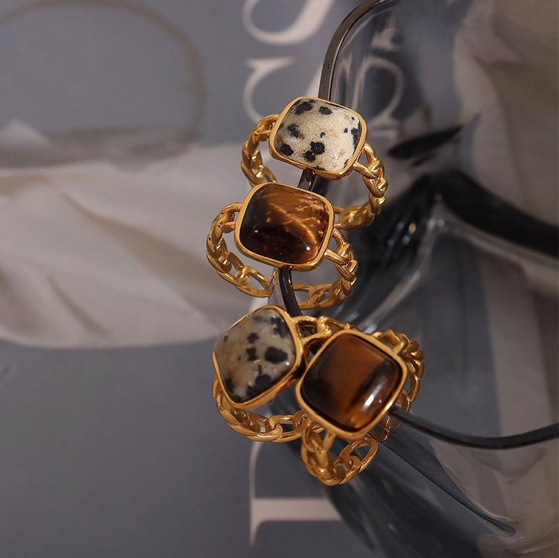 Tiger's Eye and Dalmatian Jasper Titanium Steel Gold Rings