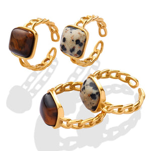 Tiger's Eye and Dalmatian Jasper Titanium Steel Gold Rings