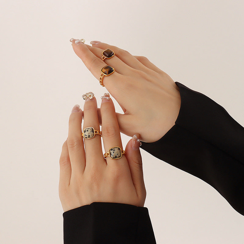 Tiger's Eye and Dalmatian Jasper Titanium Steel Gold Rings