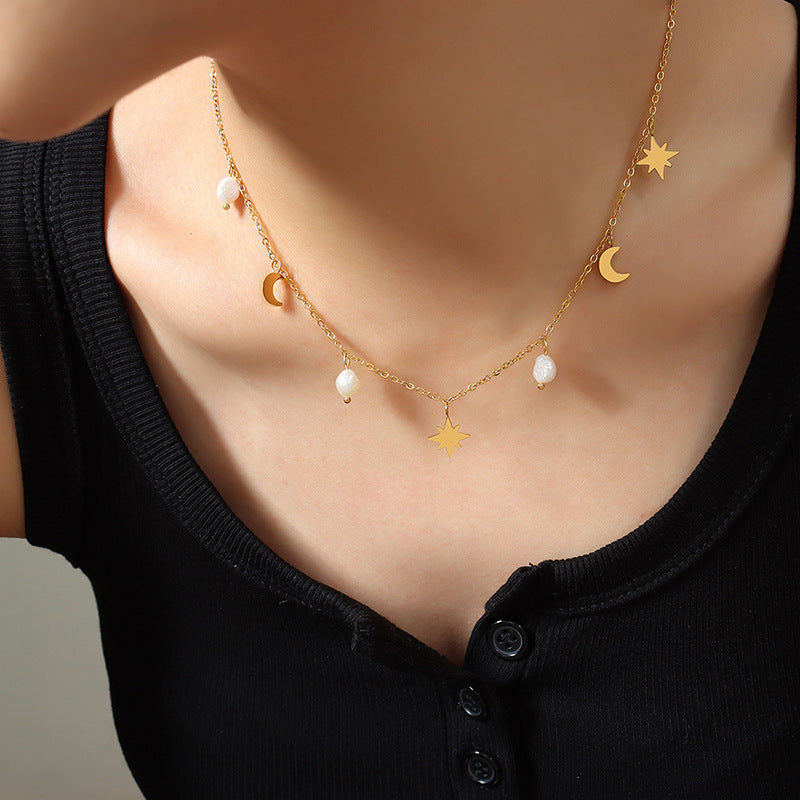 Star and Moon Freshwater Pearl Titanium Necklace