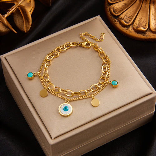 All Seeing Eye Shell Gold Double Layered Charm Bracelet