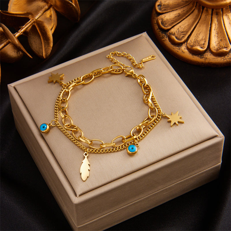 All Seeing Eye, Feather & Star Gold Double Layered Charm Bracelet