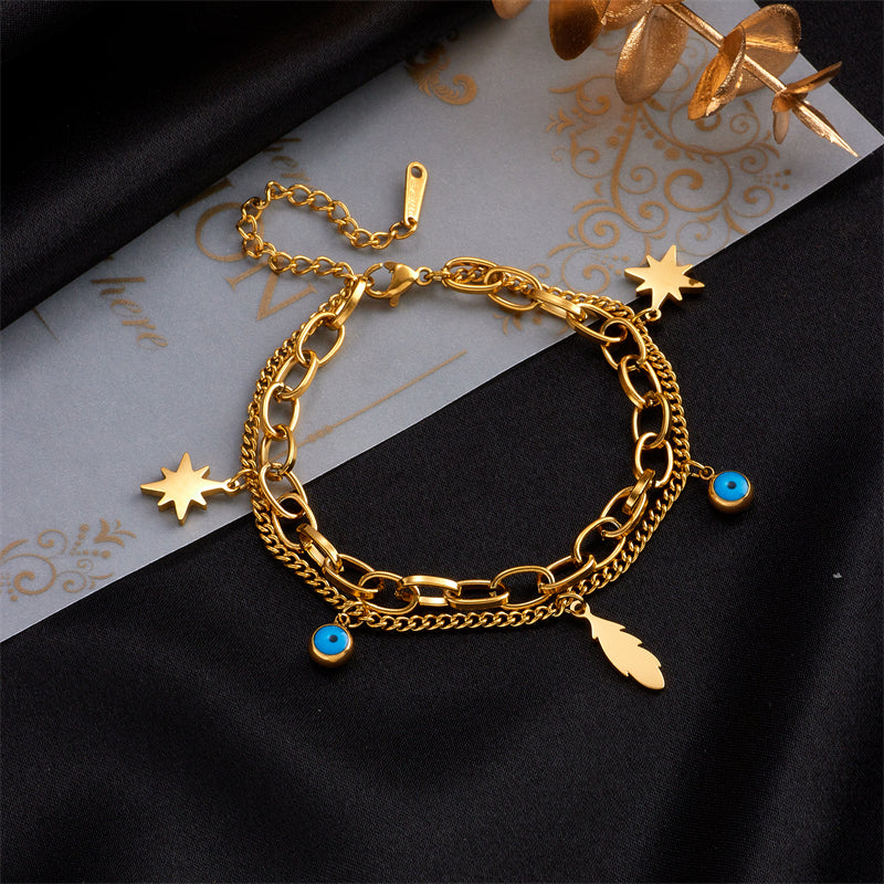 All Seeing Eye, Feather & Star Gold Double Layered Charm Bracelet