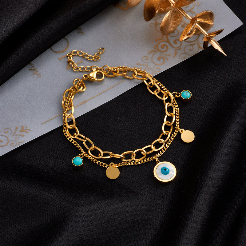 All Seeing Eye Shell Gold Double Layered Charm Bracelet
