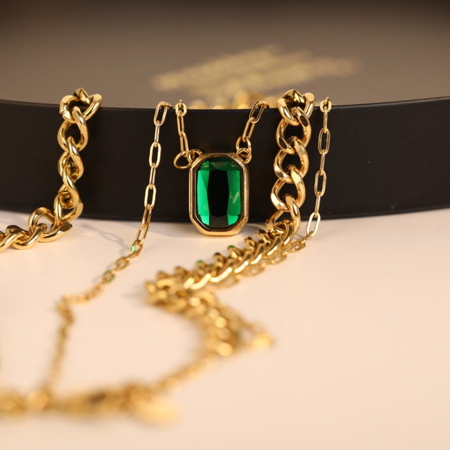 Emerald Gold Titanium Double Layered Modern Necklace