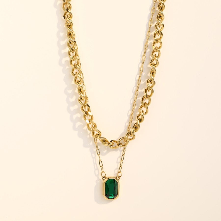 Emerald Gold Titanium Double Layered Modern Necklace