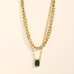 Emerald Gold Titanium Double Layered Modern Necklace