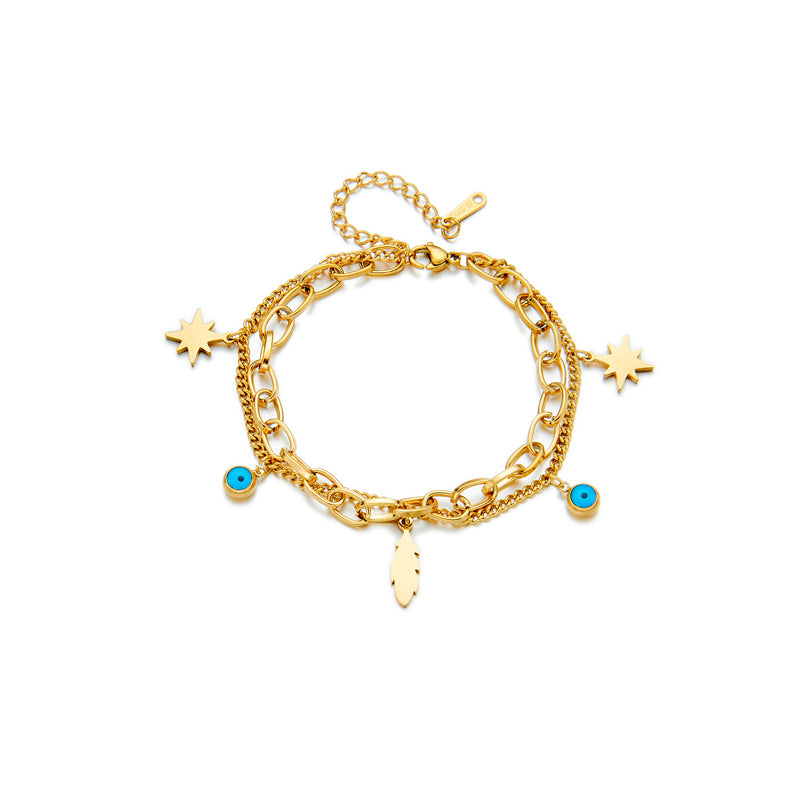 All Seeing Eye, Feather & Star Gold Double Layered Charm Bracelet