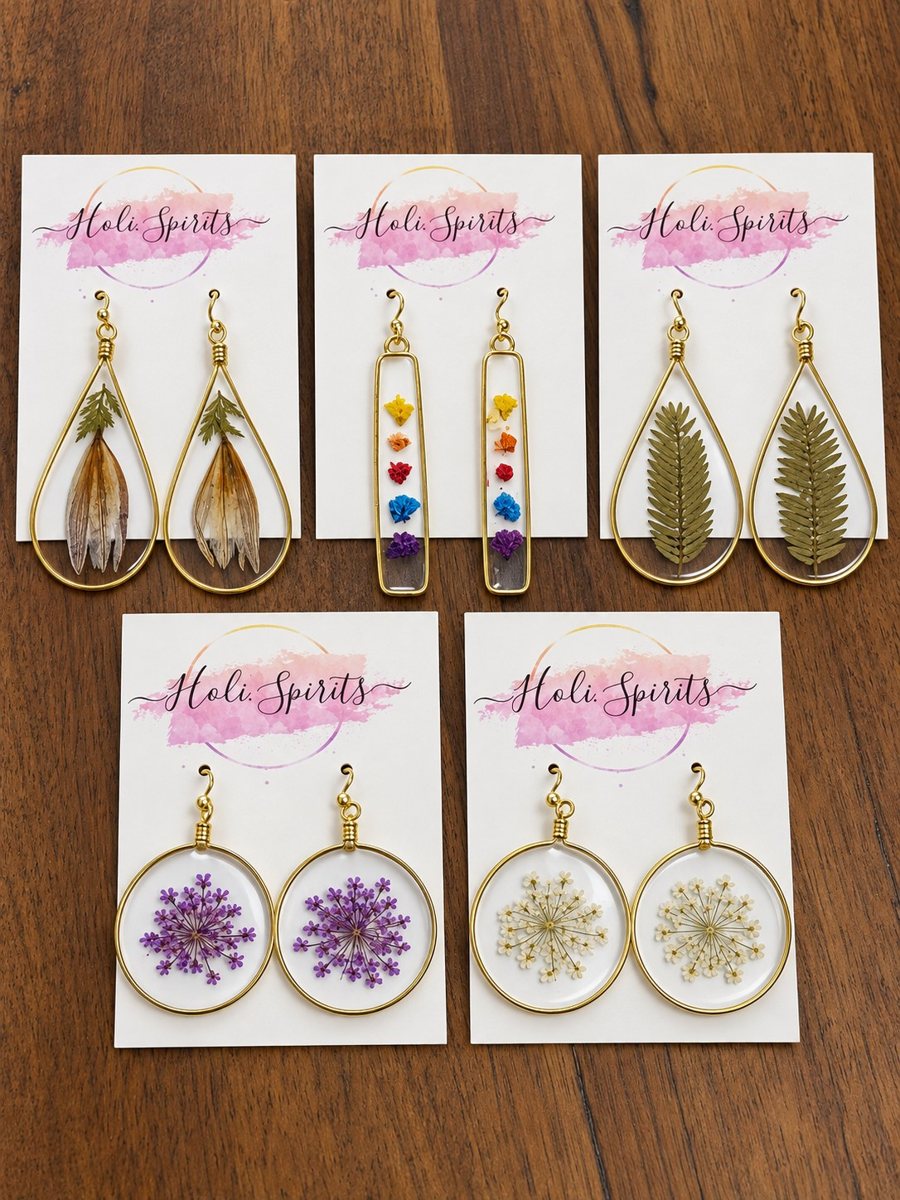 Pressed fern and wildflower teardrop earrings