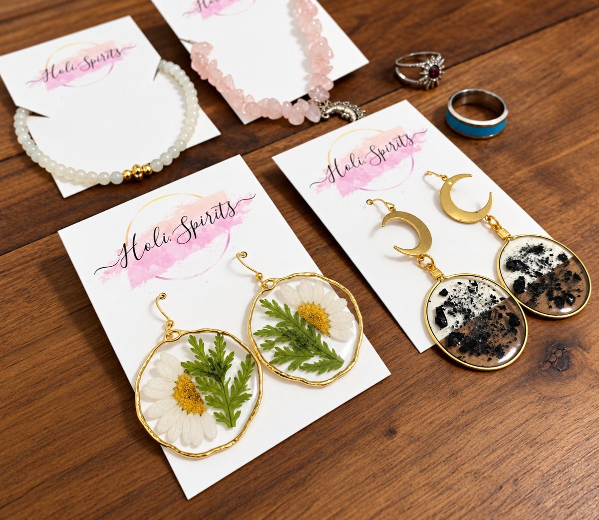Real flower jewelry styling with rose quartz